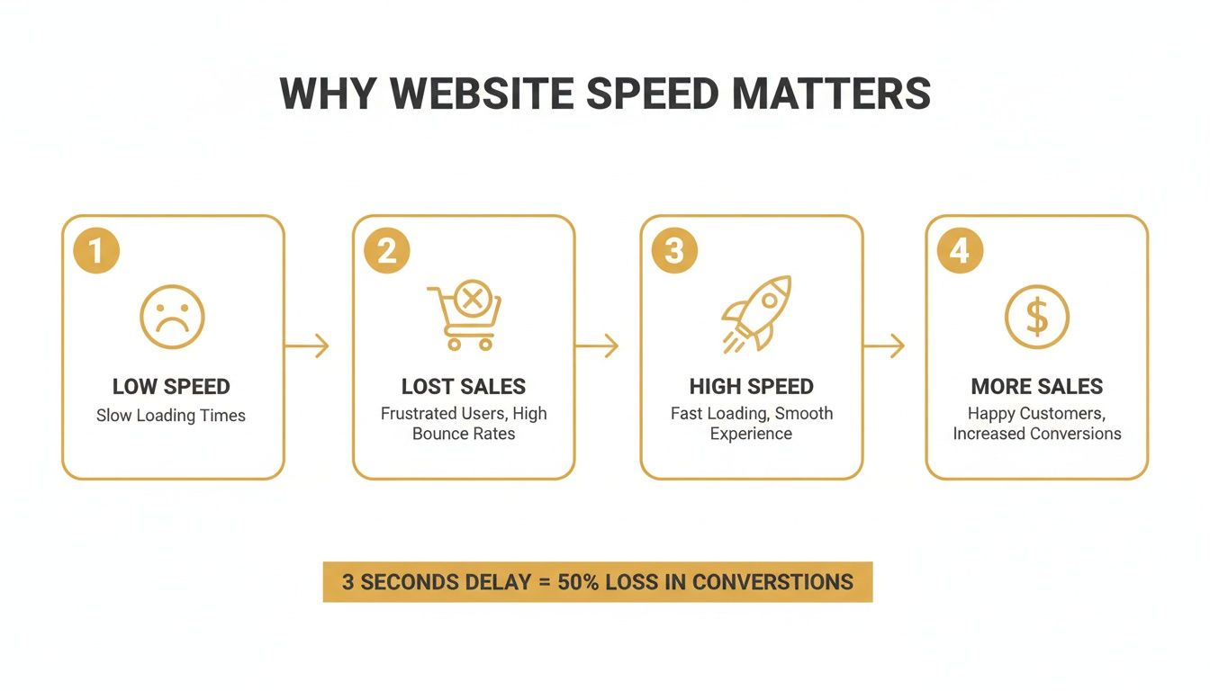 Infographic showing how website speed impacts user experience, sales, and conversions.