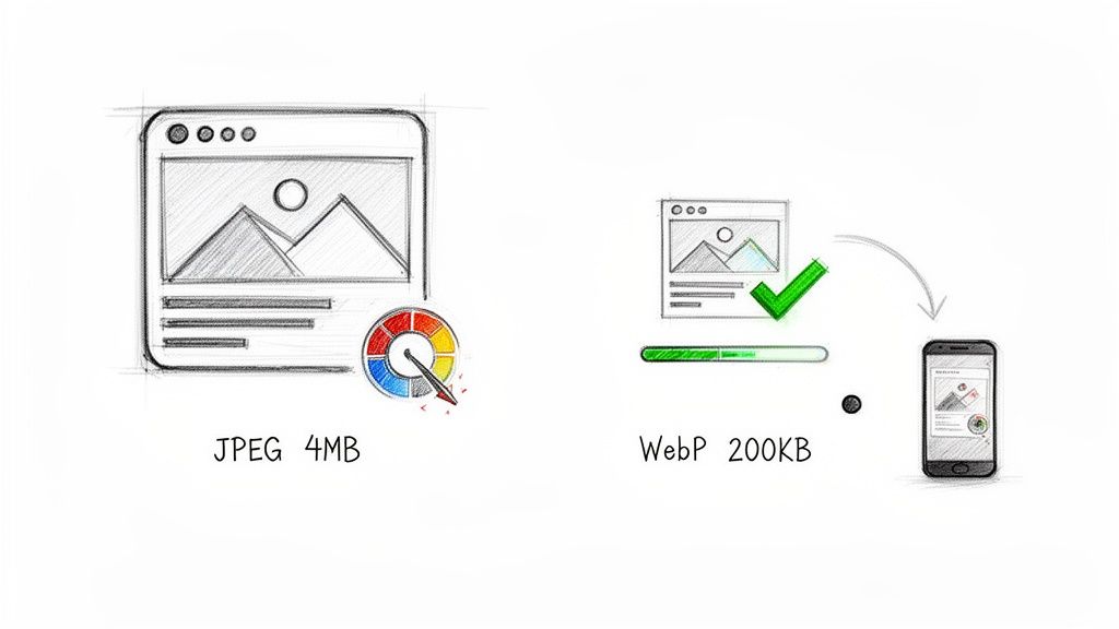 Diagram illustrating how a 4MB JPEG image is optimized to a 200KB WebP file for faster loading on mobile.