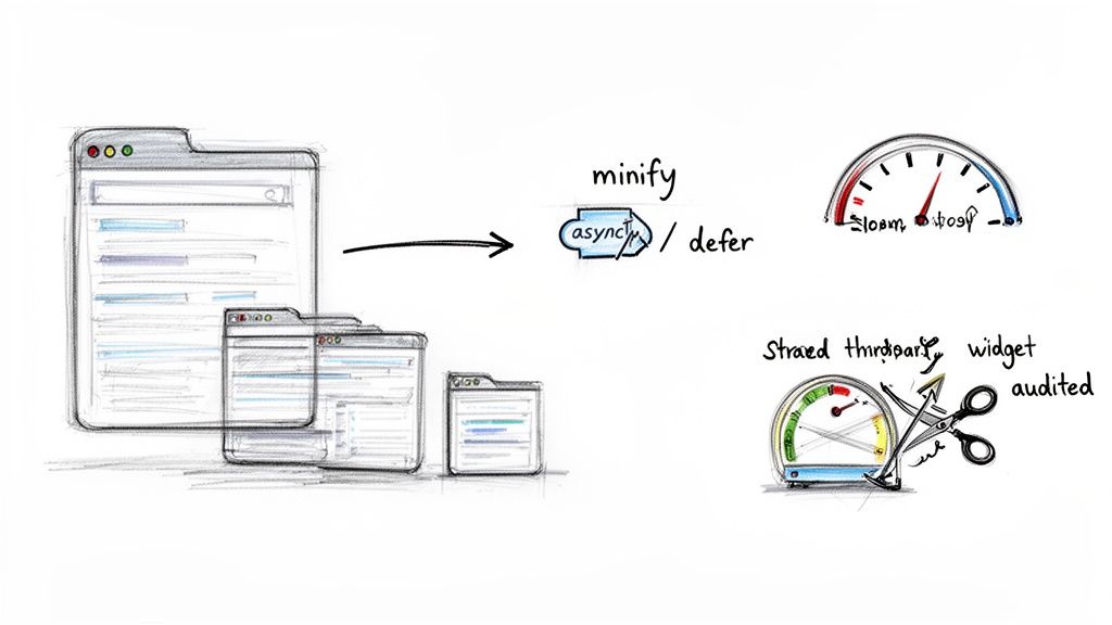 Illustration demonstrating website performance optimization through minification, asynchronous loading, and third-party script management.