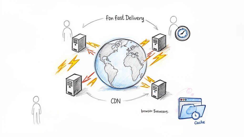 A diagram showing a Content Delivery Network (CDN) with global servers, ensuring fast content delivery to users and efficient browser caching.