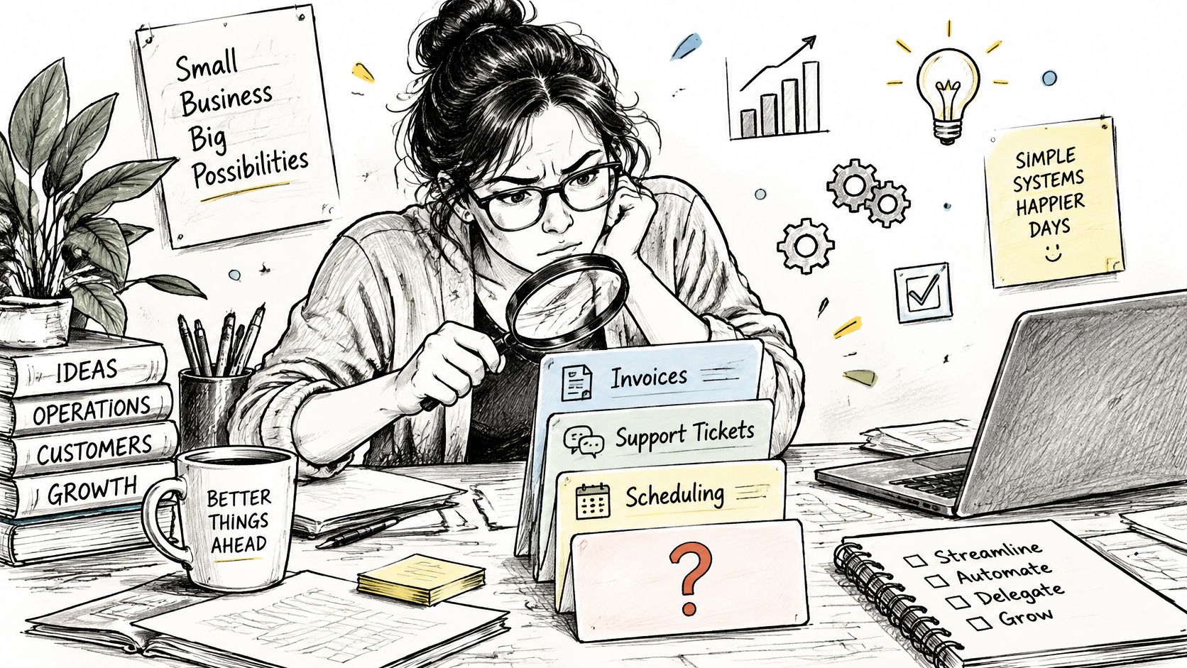 A businesswoman looking through a magnifying glass at a desk cluttered with business organization notes and sketches.