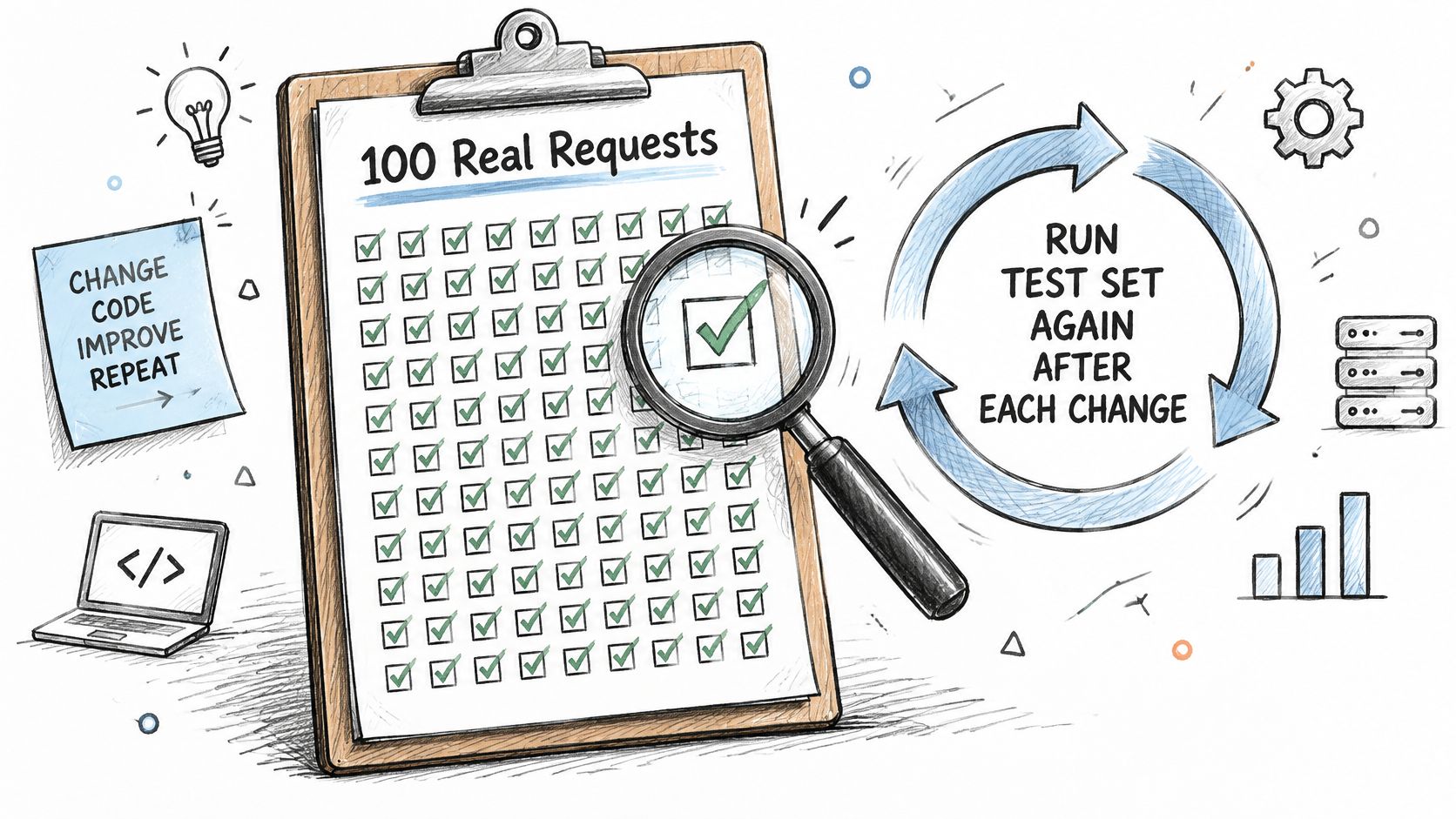 A whiteboard illustration depicting a checklist of 100 requests being verified with a magnifying glass for software testing.