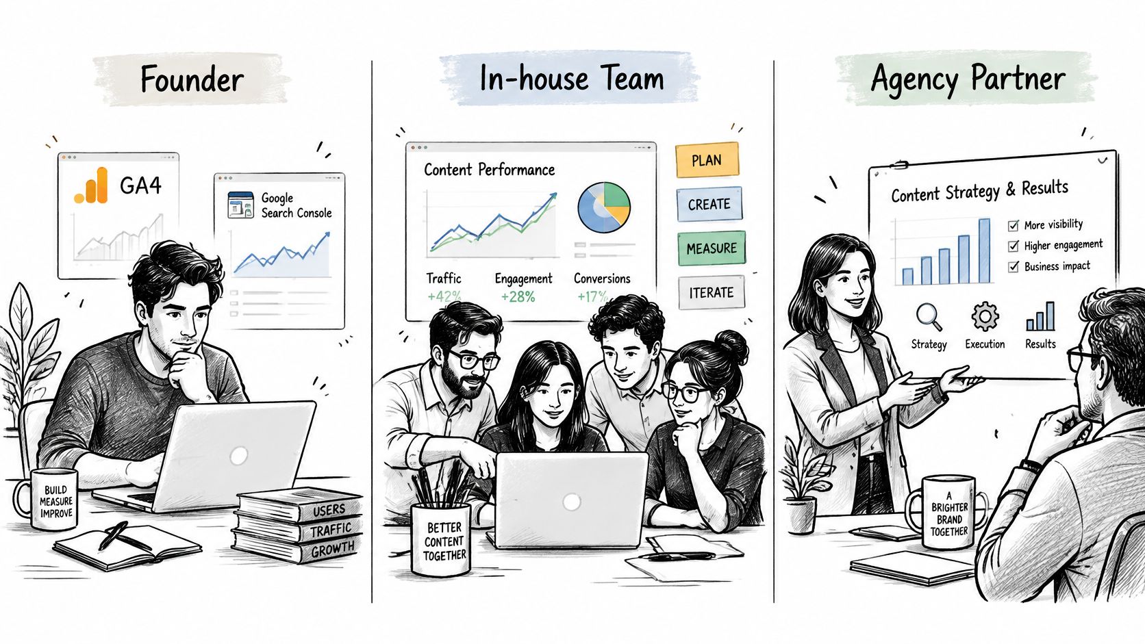 A hand-drawn illustration comparing content measurement approaches for founders, in-house teams, and agency partners.