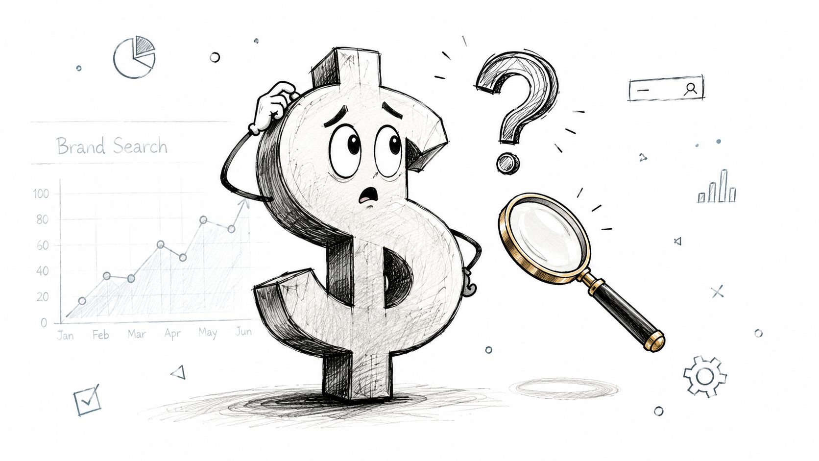 A dollar sign character looking confused at a business chart with a magnifying glass nearby.