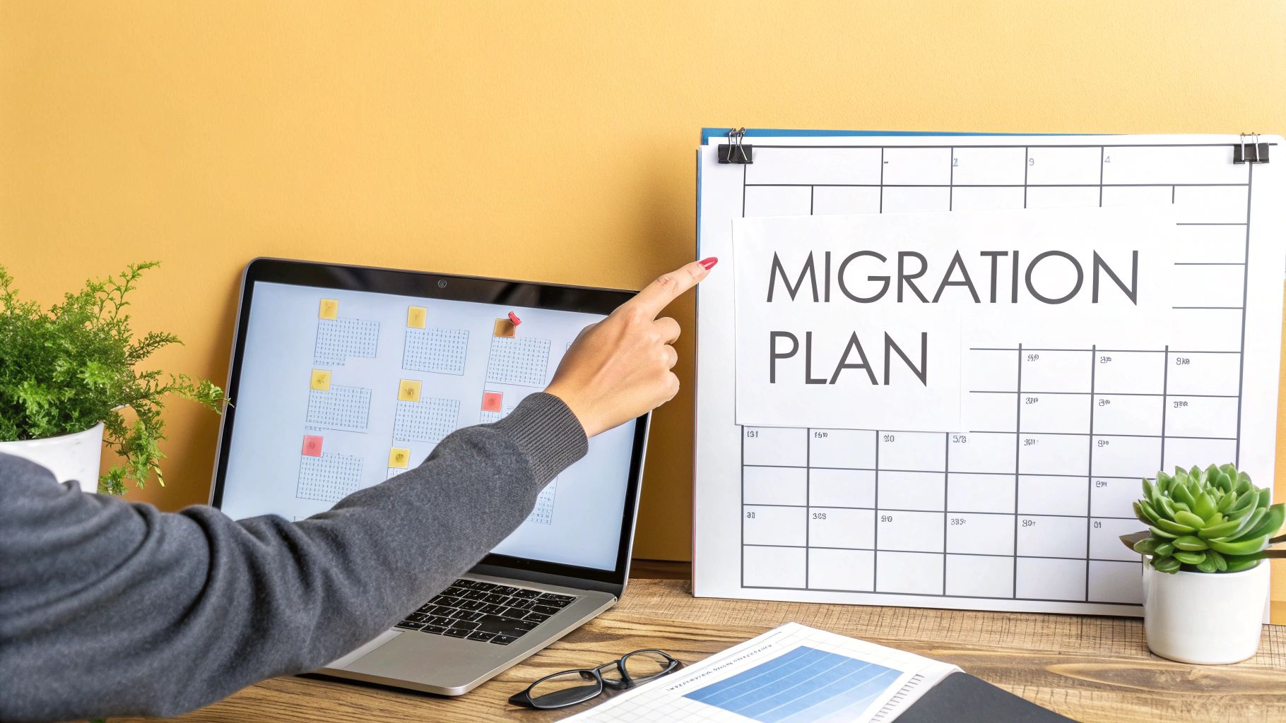 A digital illustration of a strategic game plan for website migration, with icons representing servers, files, and checklists.