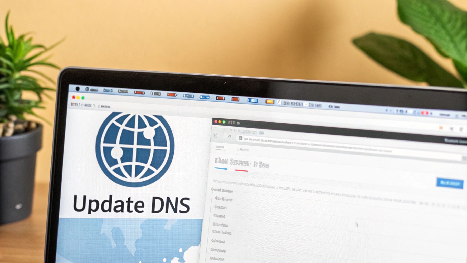 A digital illustration of DNS records being updated, showing a domain name pointing from an old server icon to a new one.