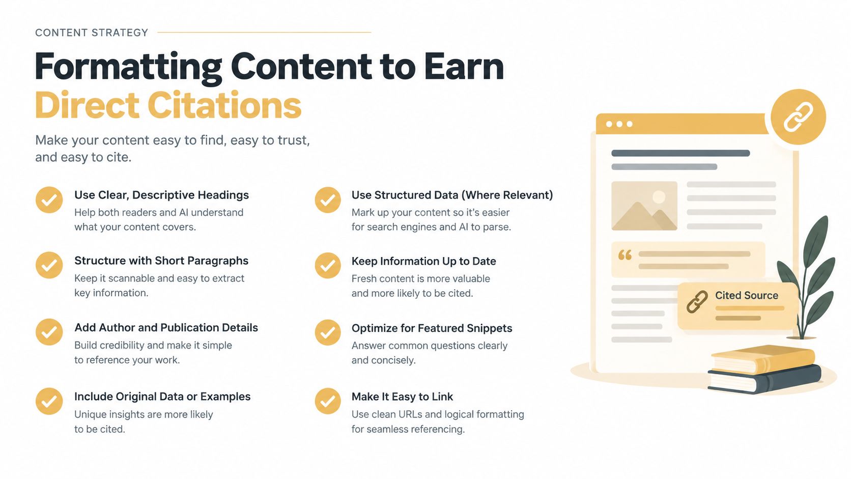 An infographic detailing strategies for formatting web content to earn direct citations from search engines and AI.