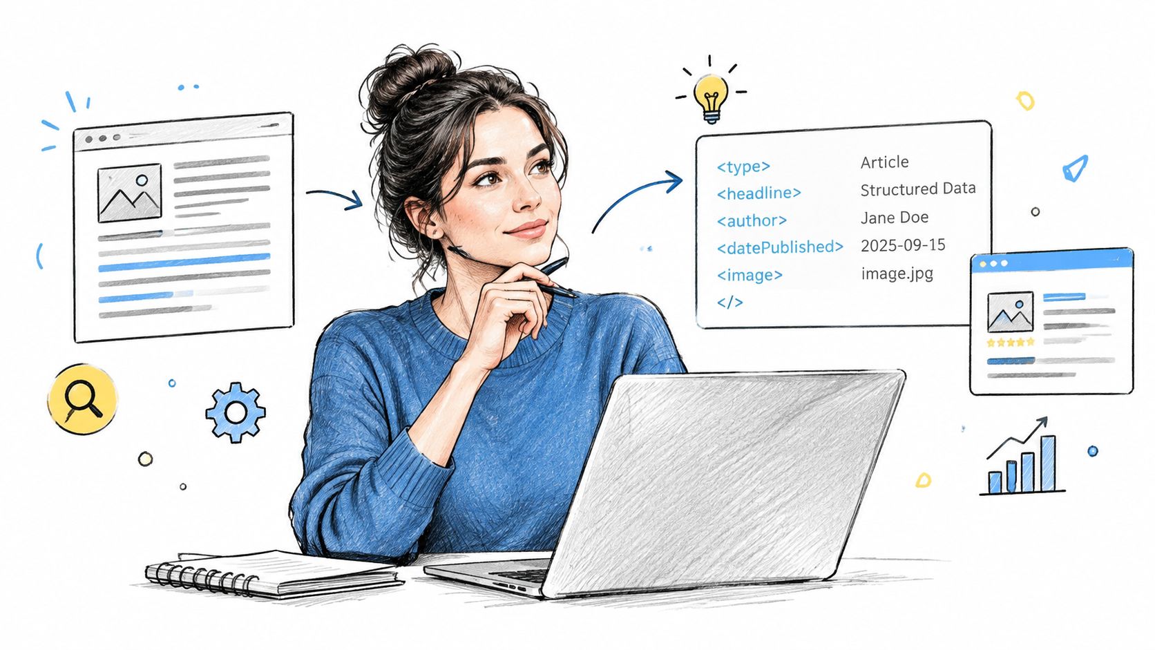 A woman sketching out structured data markup on a laptop to improve search engine optimization results.