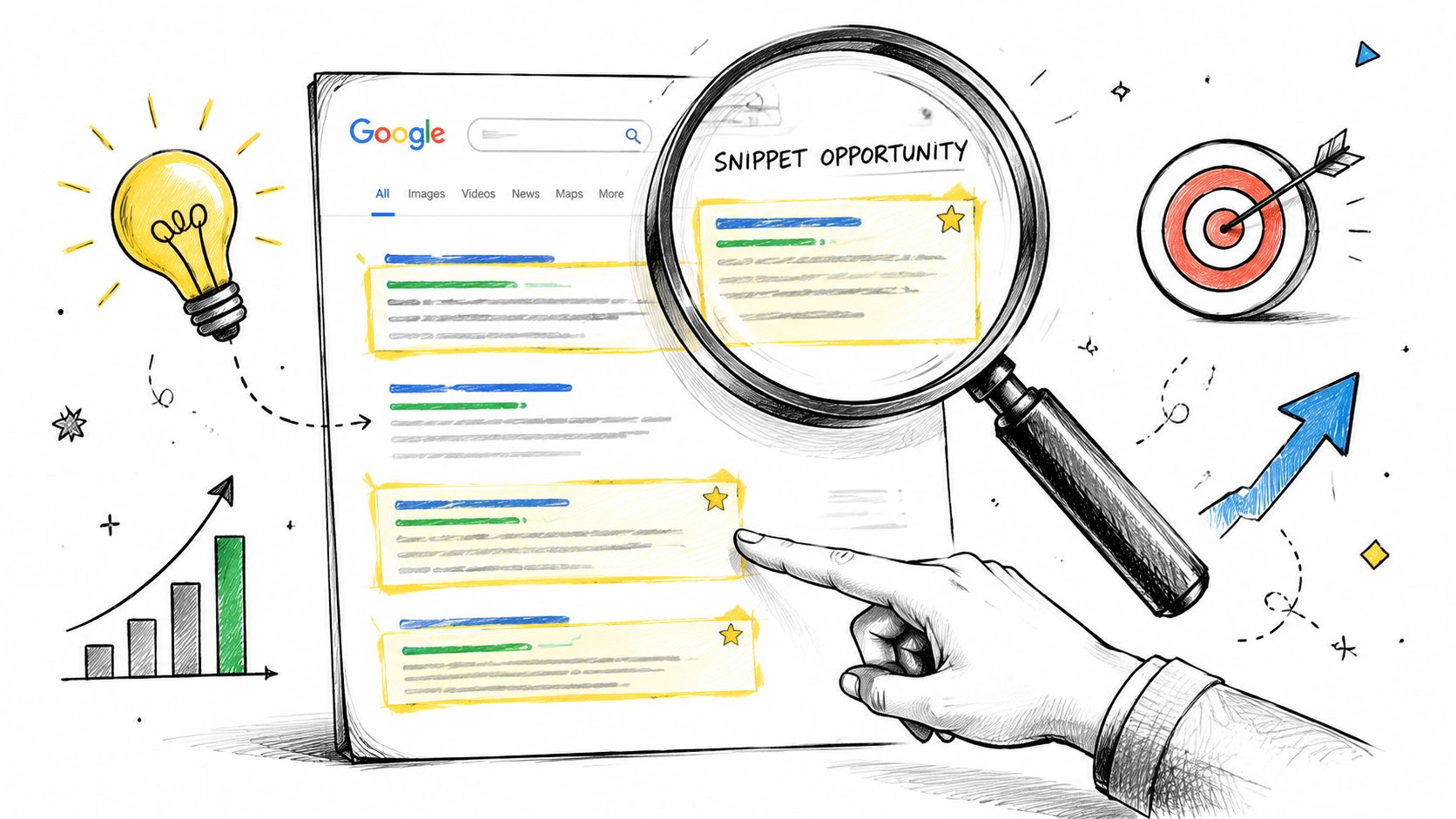A hand points at a featured snippet on a Google search result page under a magnifying glass.