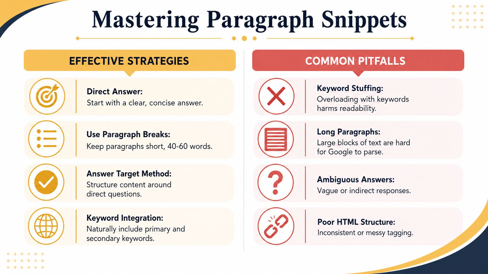 An infographic titled Mastering Paragraph Snippets showcasing effective SEO strategies versus common pitfalls for featured snippets.