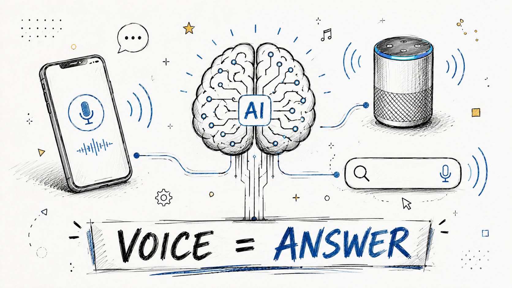 A hand-drawn illustration showing a smartphone, an AI brain, and a smart speaker for voice search optimization.