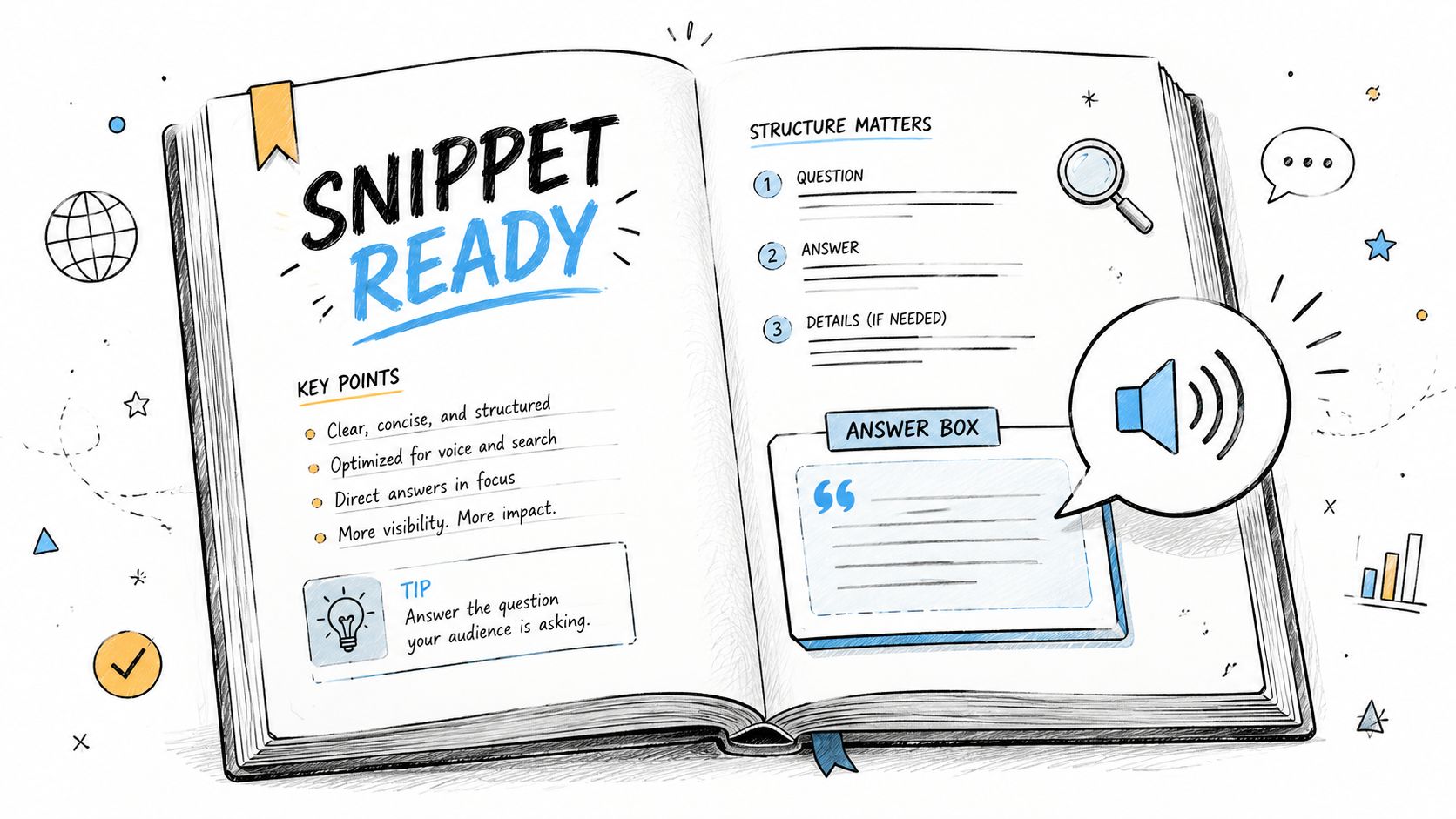 An illustrated open book showing tips on how to structure content for voice search optimization.