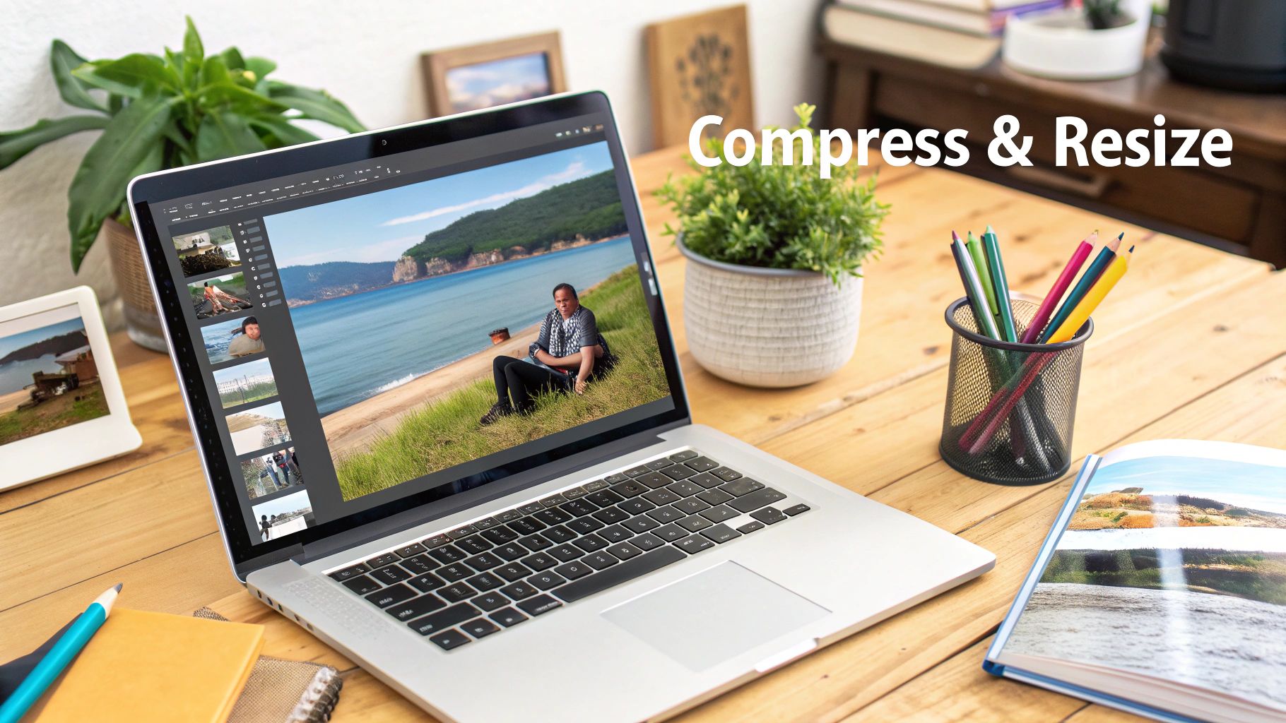 A before-and-after comparison showing an image being compressed, with a file size indicator dropping significantly.