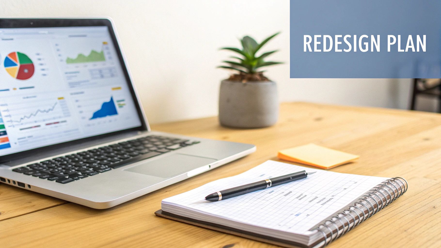 A laptop displaying data analysis charts, a notepad, and a pen on a wooden desk, with 'REDESIGN PLAN' text.