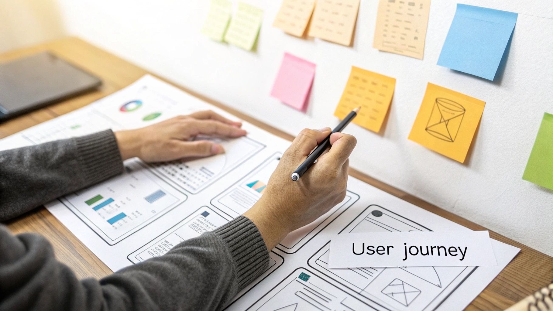 A person designs a user journey, sketching wireframes and reviewing sticky notes on a wall.