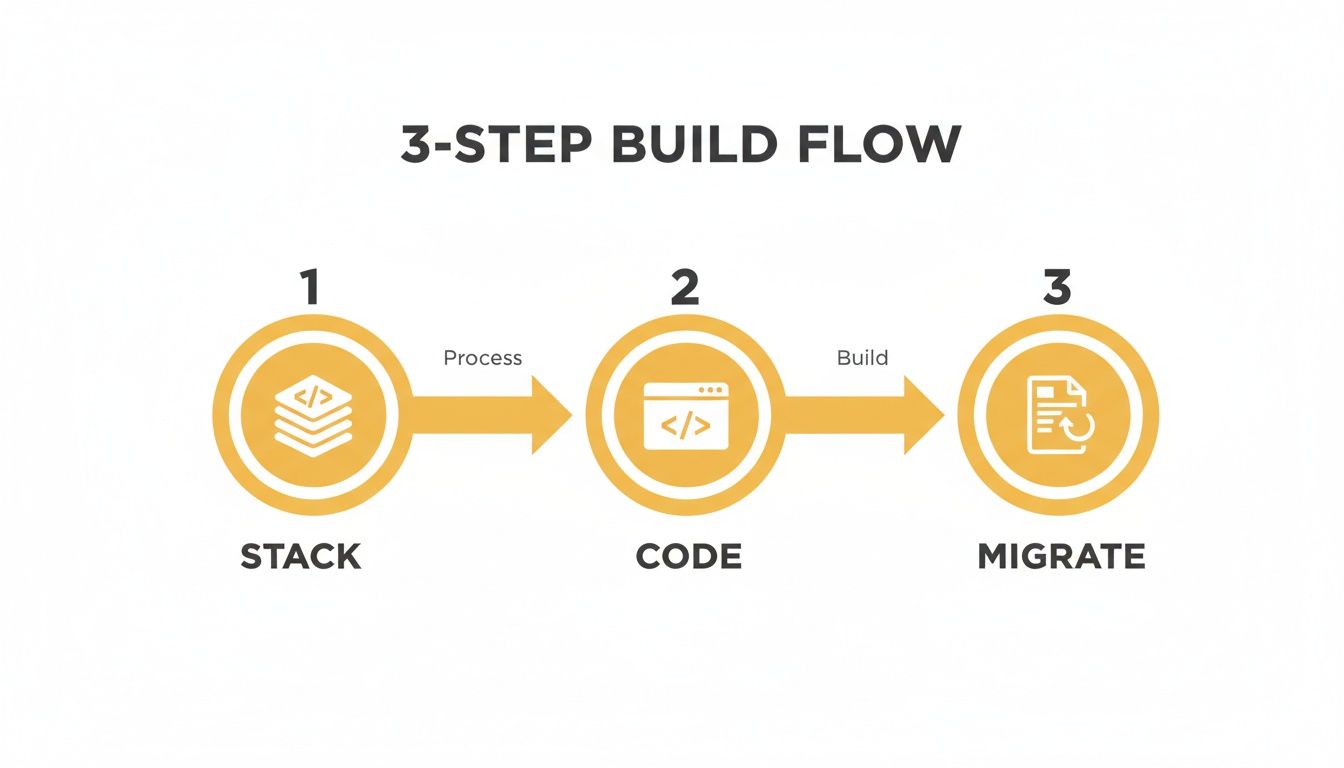 A 3-step build flow diagram illustrating Stack, Code, and Migrate phases with process arrows.