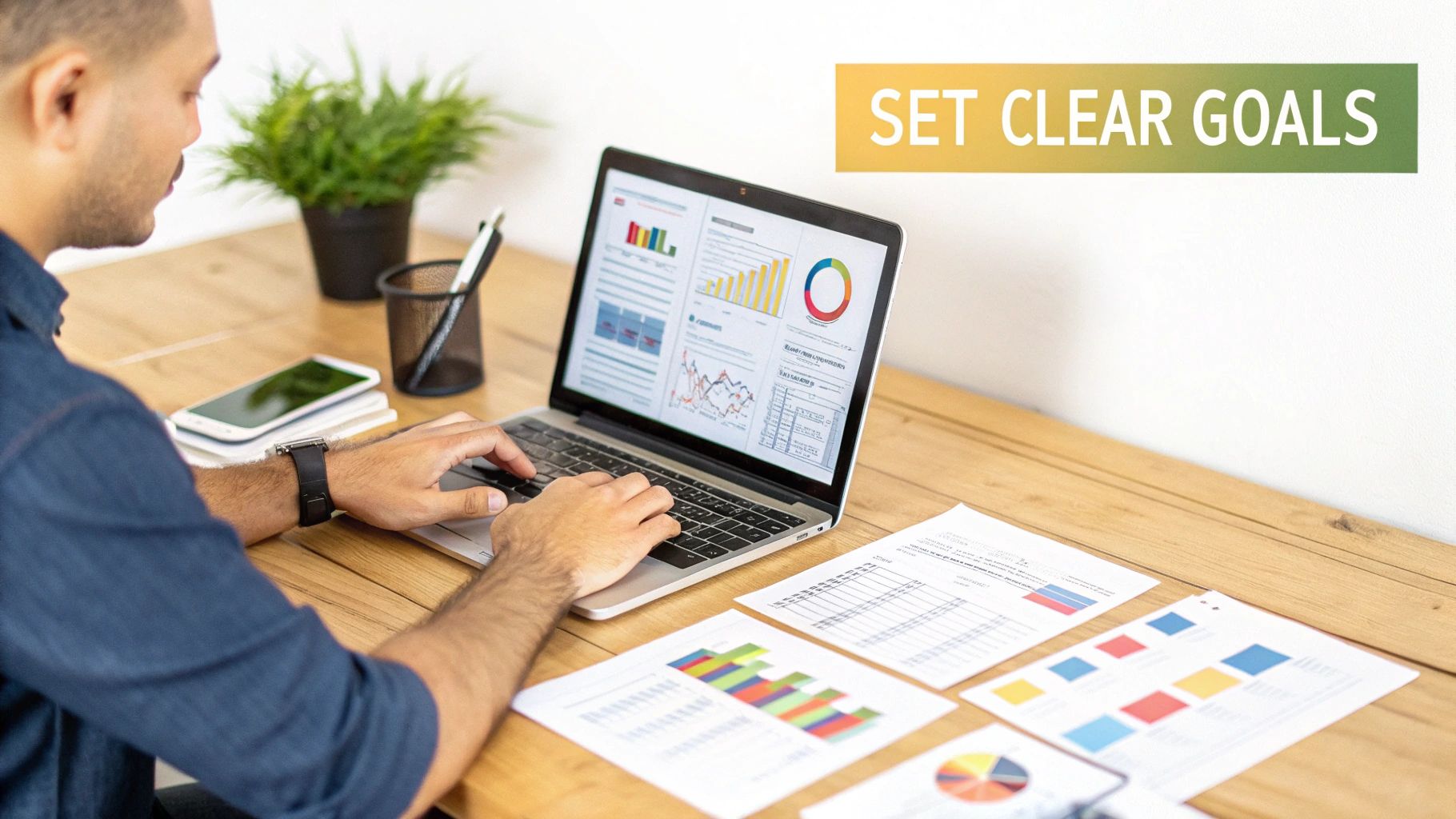 A person at a desk analyzing charts and graphs on a computer screen, representing audience and competitor research.