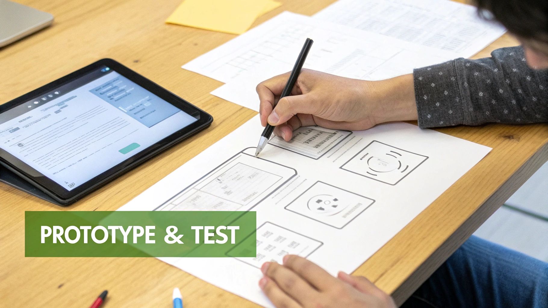 A designer and developer collaborating on a new website layout on a large screen.