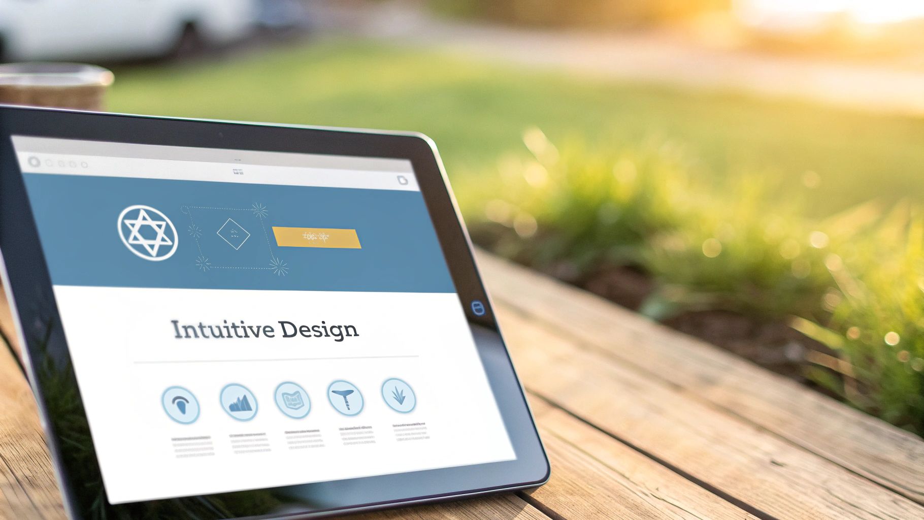 A person on a tablet interacting with a clean, modern website interface.