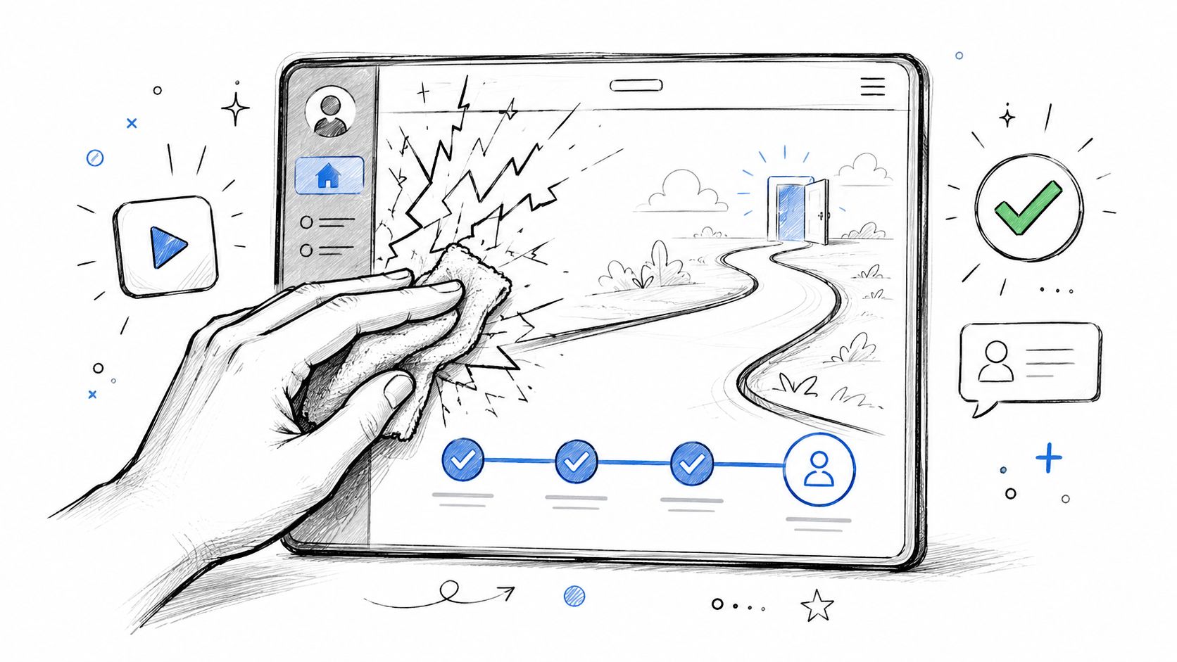A hand wiping away a chaotic scribble from a tablet screen to reveal a clear path forward.