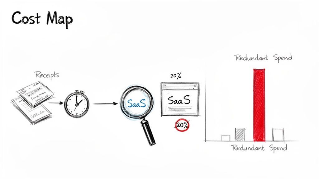 A cost map diagram illustrating the process of analyzing receipts to identify and reduce redundant SaaS spend.