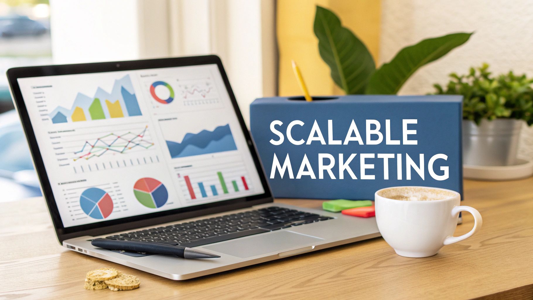 A digital marketing dashboard on a laptop screen showing graphs and metrics for a marketing campaign.