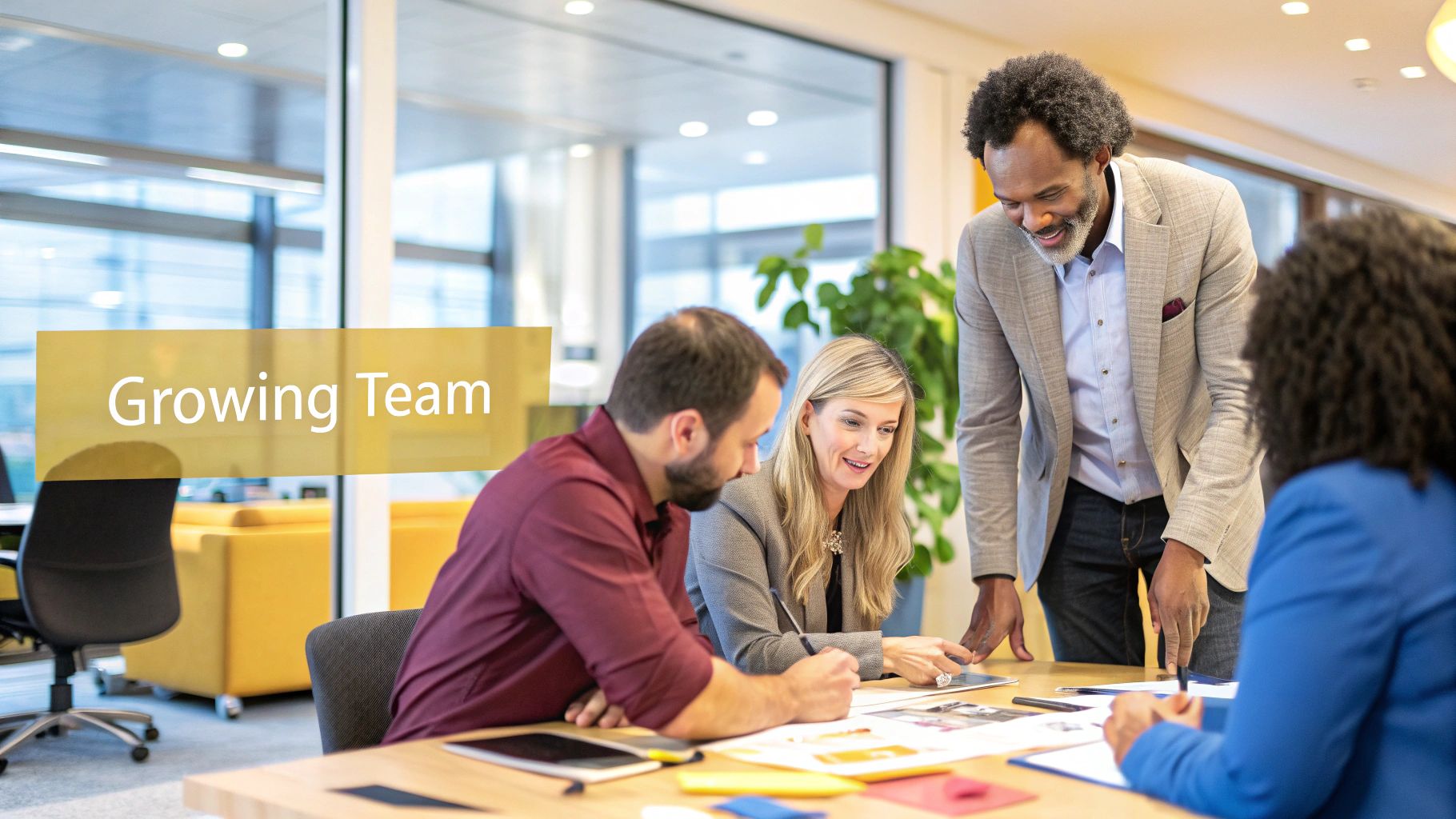 A diverse group of smiling employees collaborating in a modern office space, reflecting a positive company culture.