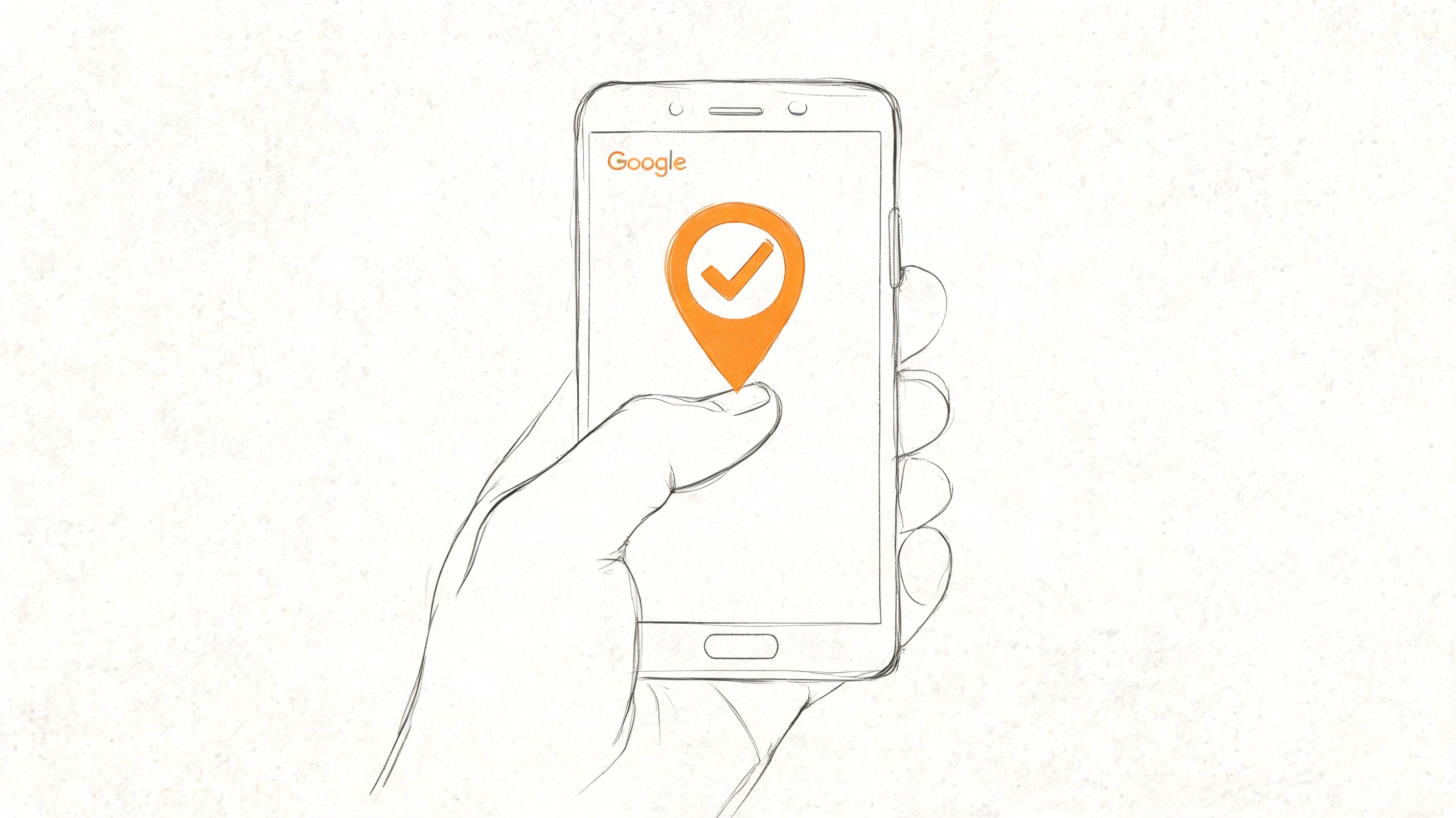 A hand holding a smartphone displaying an orange Google location pin icon with a checkmark.