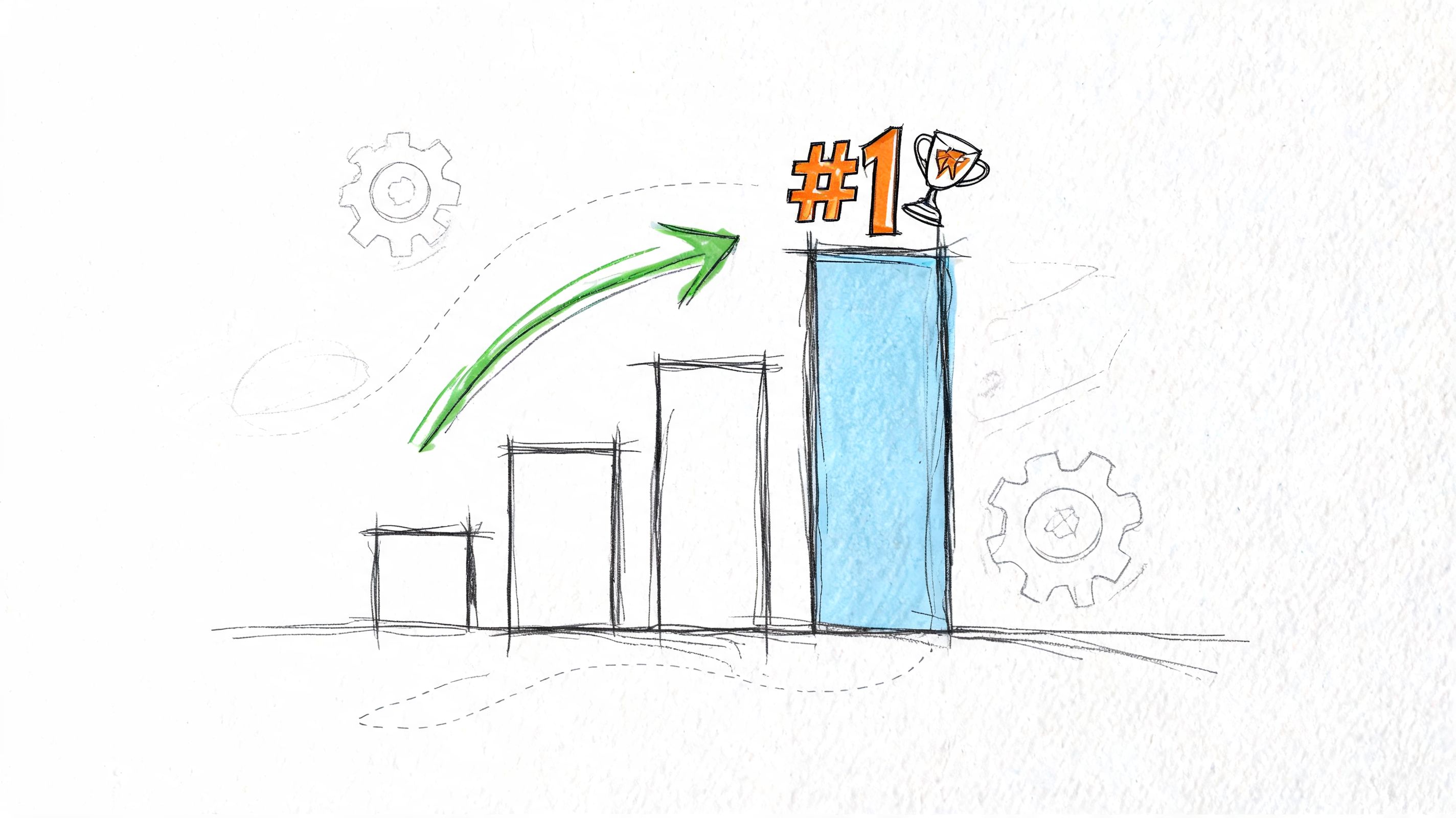 A hand-drawn illustration showing a rising bar chart reaching the number one spot with a trophy.