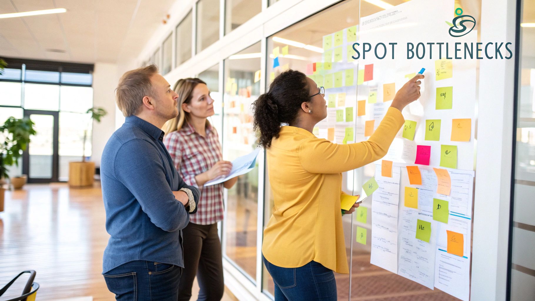 A team collaborates on a workflow map on a whiteboard, using sticky notes to identify process steps.