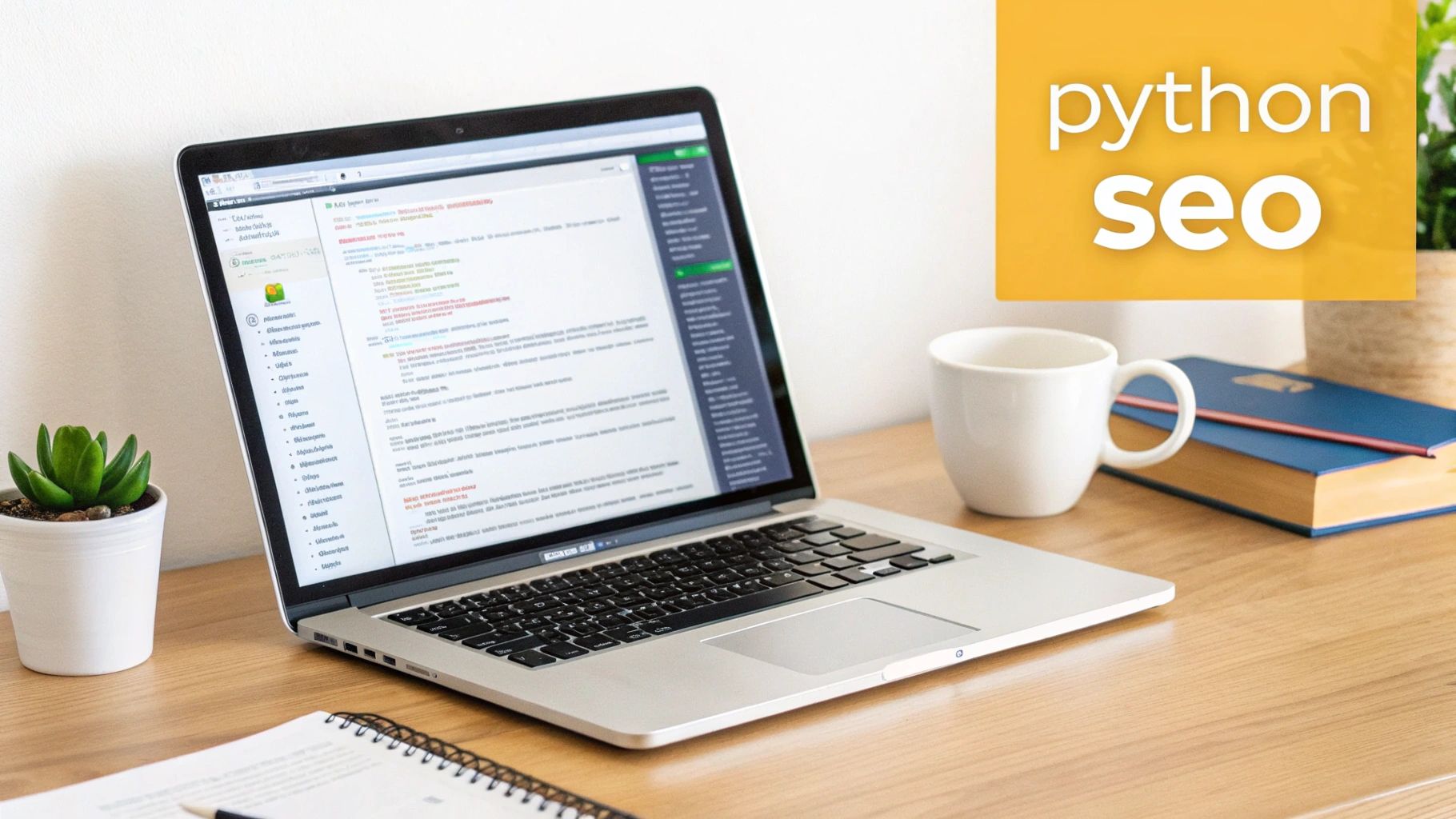 Laptop screen showing lines of Python code for SEO analysis