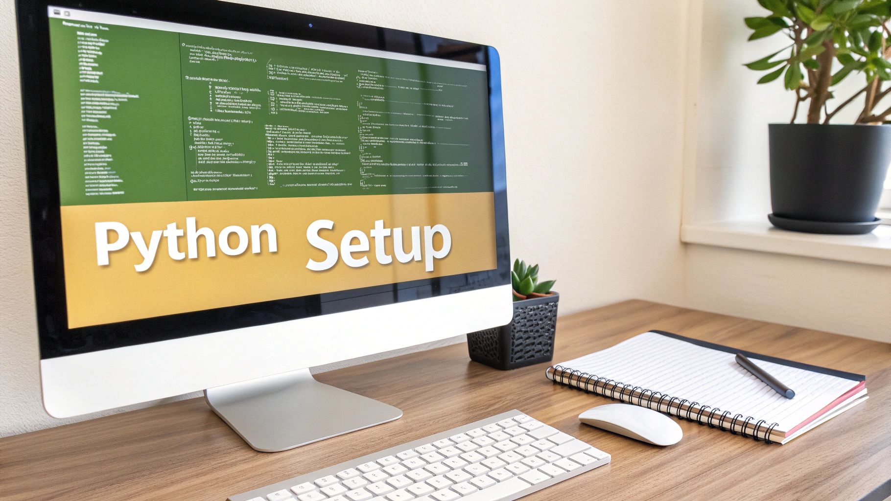 A developer's desk with a laptop displaying code, surrounded by plants and a coffee mug, representing a clean and organized workspace.