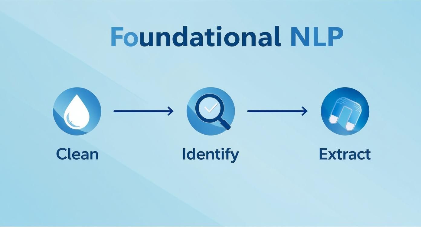 Infographic showing a three-step process flow for foundational NLP Clean, Identify, and Extract.
