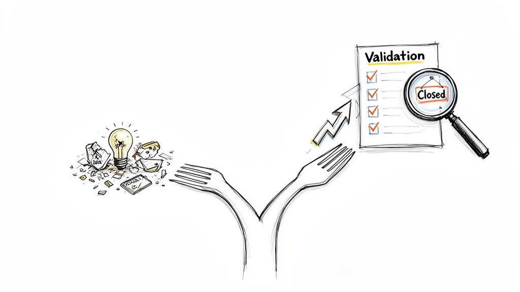 Illustration of an idea's journey from initial concept to successful validation and growth.