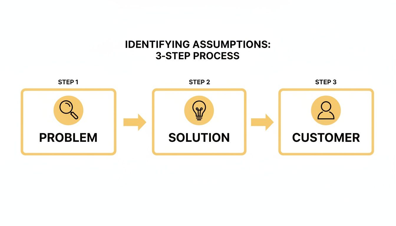 A flowchart outlining a 3-step process for identifying assumptions: Problem, Solution, and Customer.