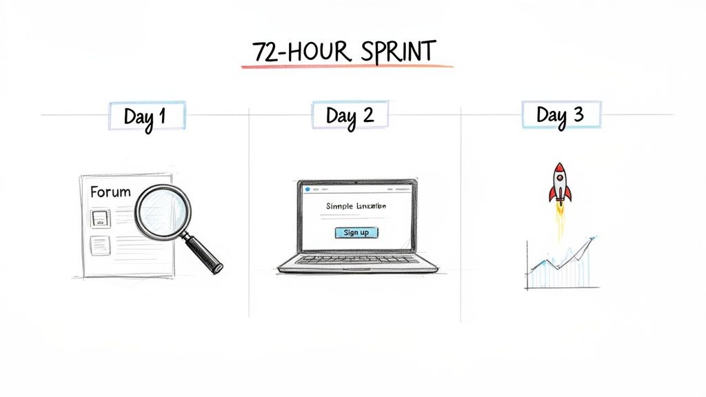 A 72-hour sprint timeline showing research on Day 1, a sign-up form on a laptop on Day 2, and a rocket taking off from a graph on Day 3.