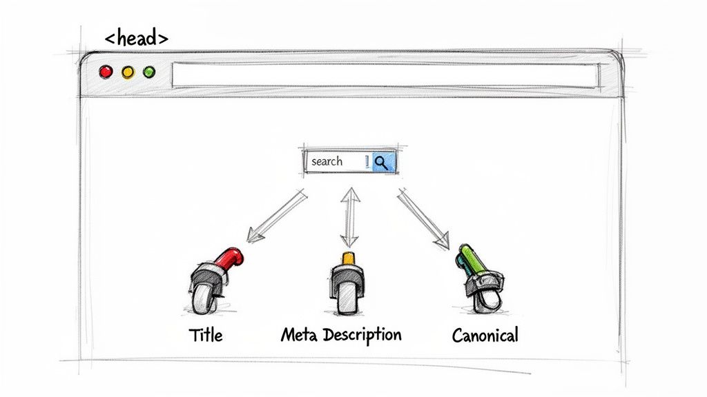 A browser displaying HTML <head> elements: Title, Meta Description, and Canonical, influencing search results.