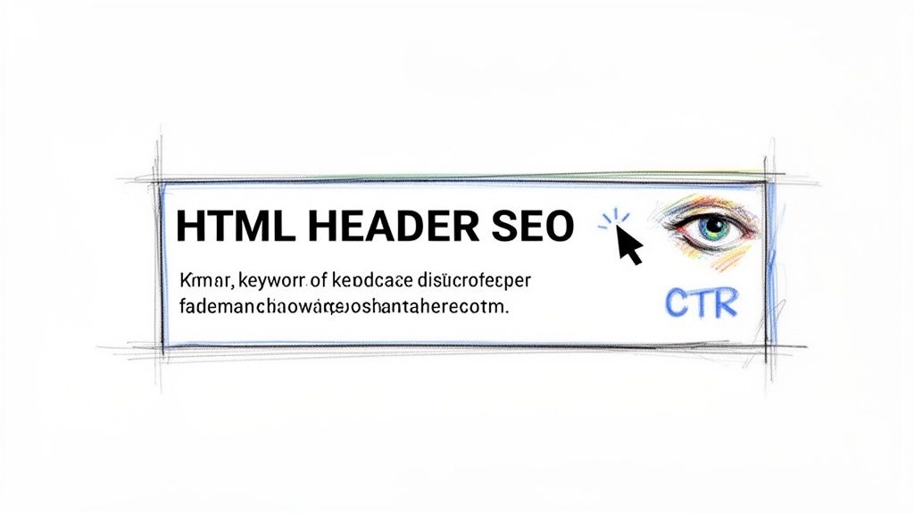 A hand-drawn sketch illustrating HTML header SEO with an eye, cursor, and CTR, symbolizing web optimization.