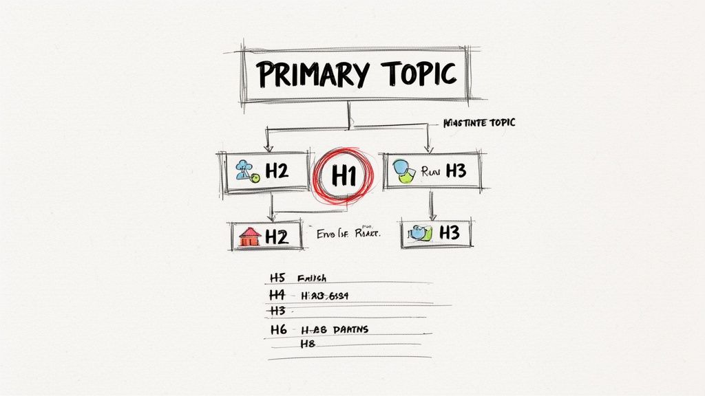 Hand-drawn mind map illustrating a topic hierarchy with H1, H2, H3, H4, H5, H6, and H8 headers.