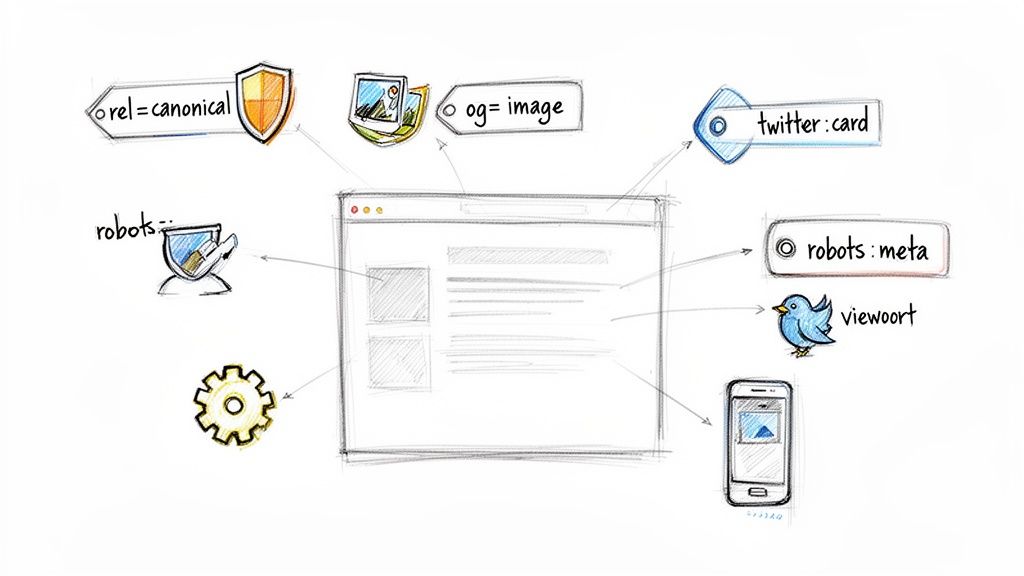 A sketch illustrating key HTML header SEO elements like canonical, Open Graph, Twitter cards, and robots for a webpage.
