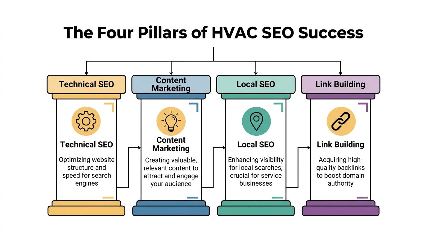 A diagram illustrating the four pillars of HVAC SEO success: Technical SEO, Content Marketing, Local SEO, and Link Building.