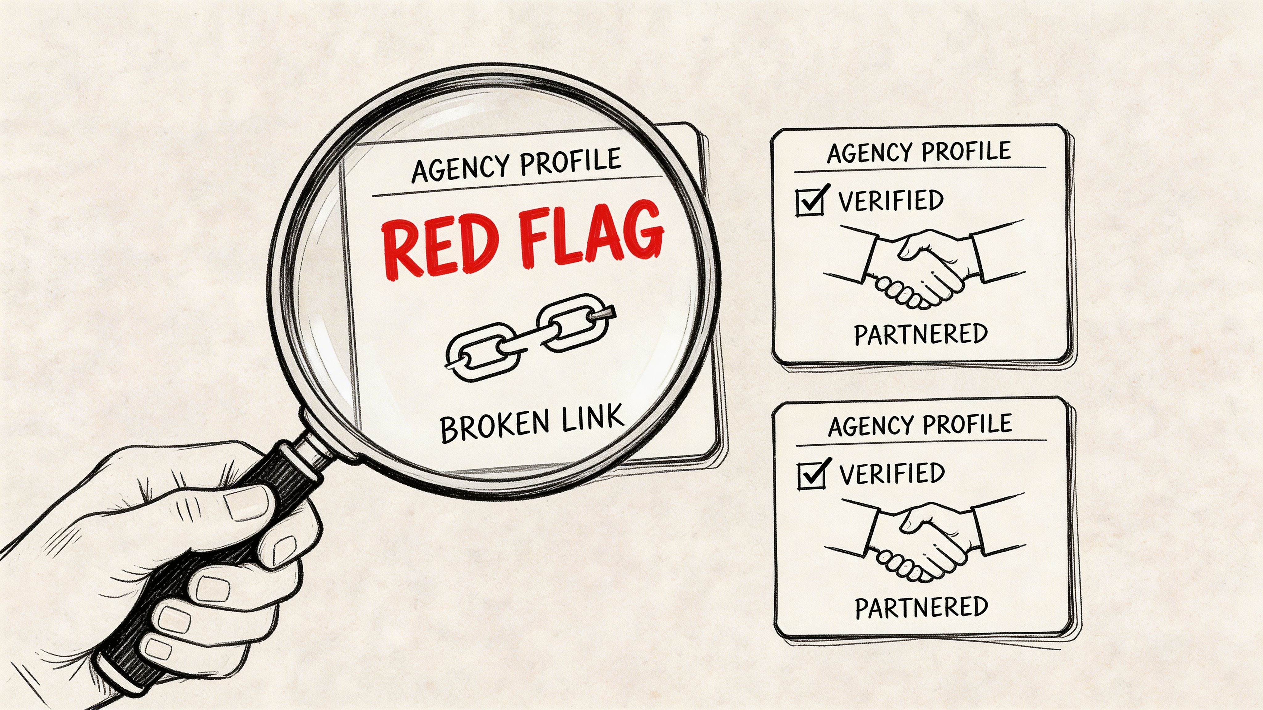 A magnifying glass inspecting a red flag broken link warning next to verified agency profile cards.