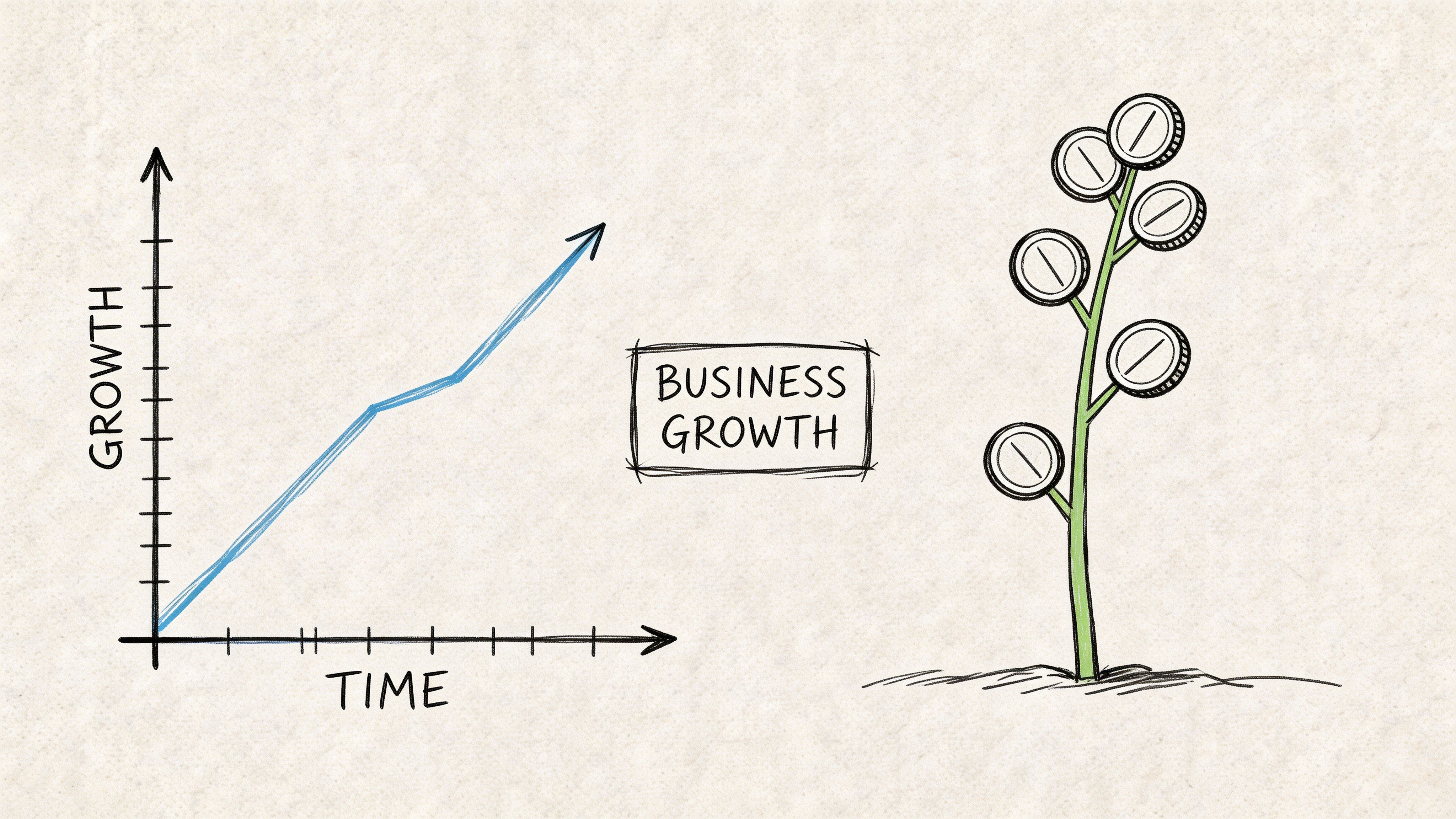 A hand-drawn sketch illustrating business growth with a rising line graph and a tree growing coin leaves.