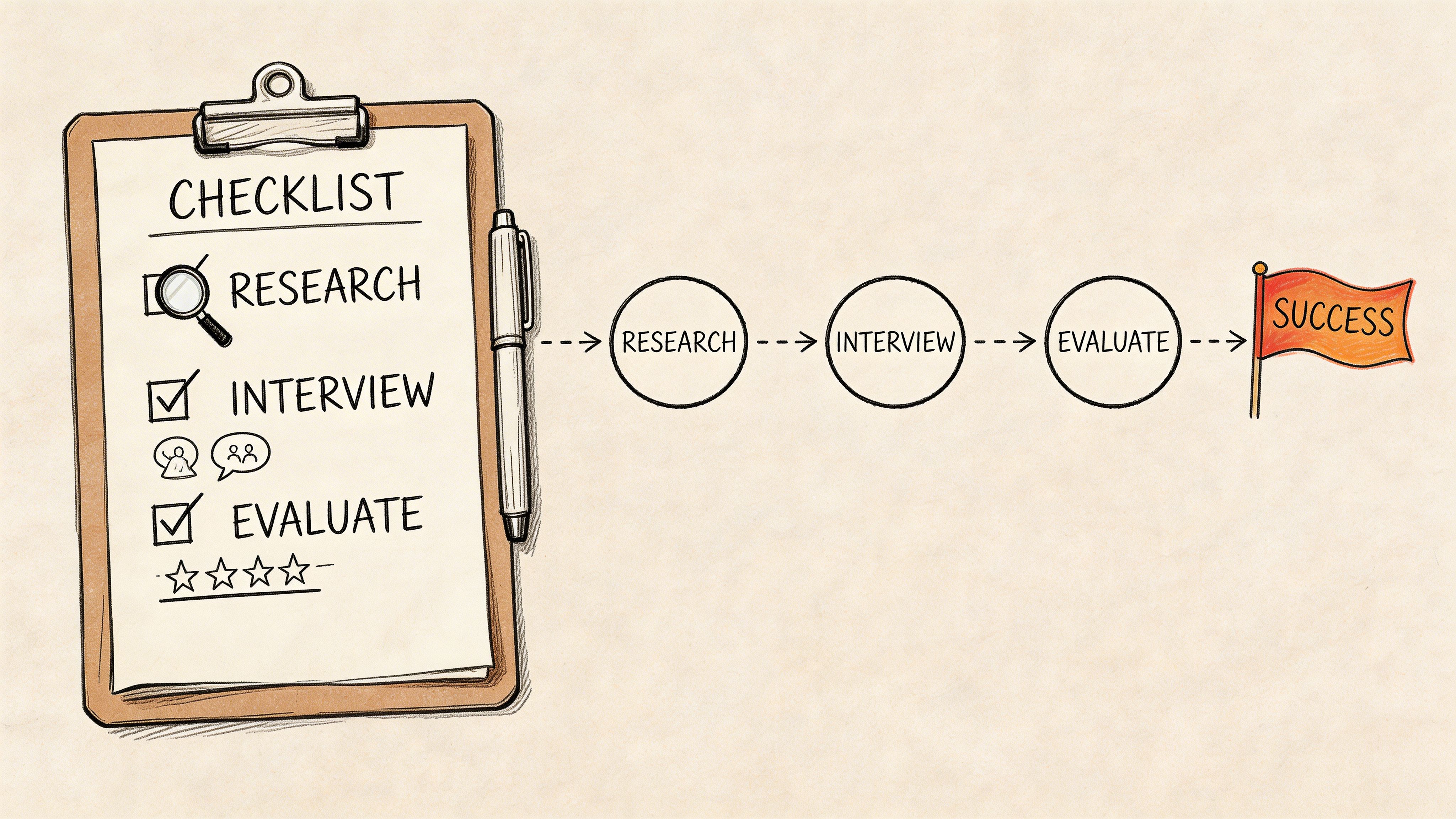 A hand-drawn clipboard checklist illustrating a business process from research and interviewing to evaluation and success.