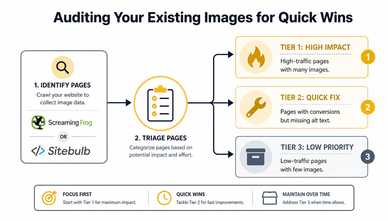 A flowchart showing how to audit website images by identifying pages, triaging them into tiers, and prioritizing optimization tasks.