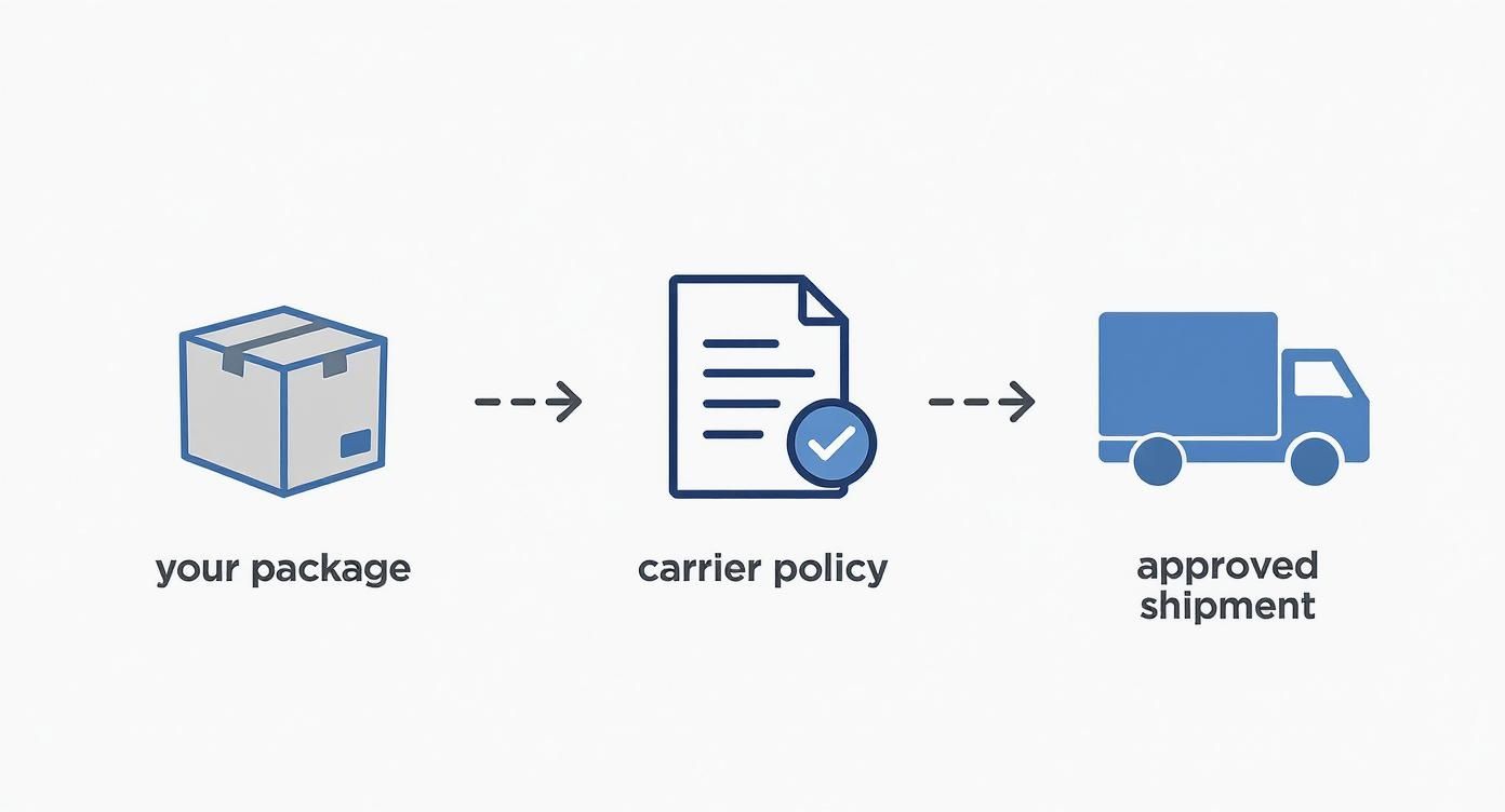 Infographic showing a package moving to carrier policy approval and then to an approved shipment truck.