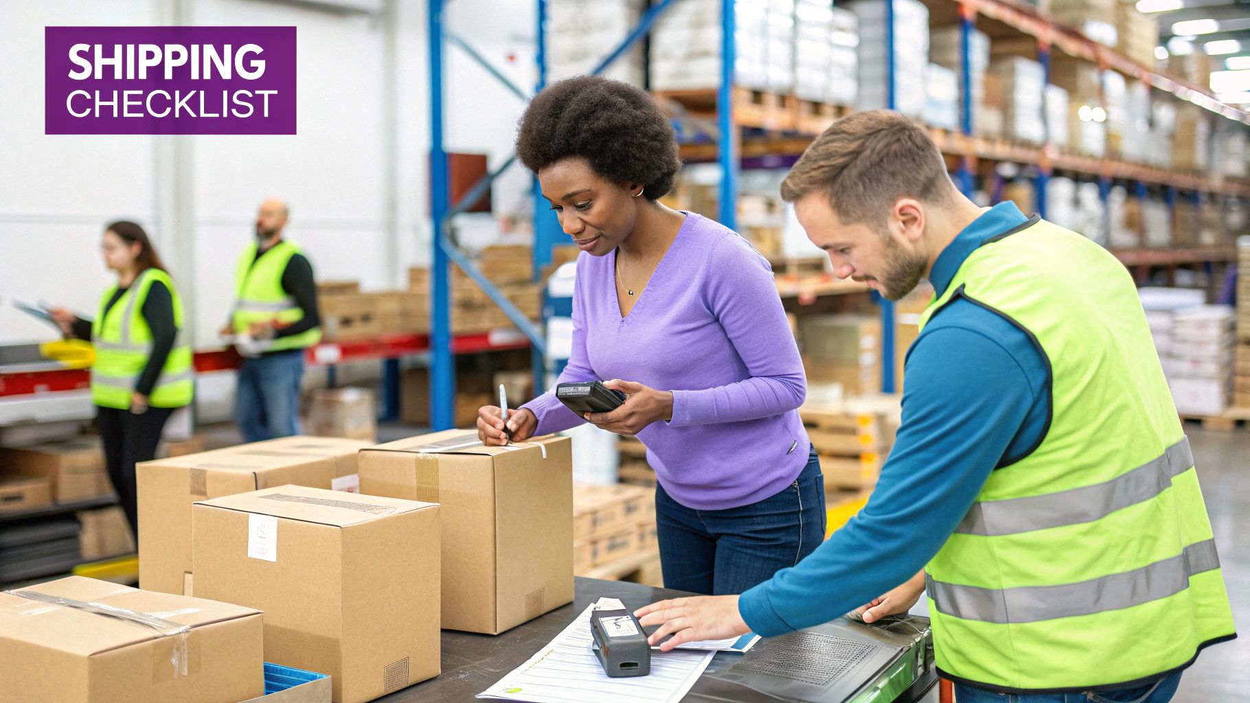 A checklist on a clipboard with shipping boxes in a warehouse