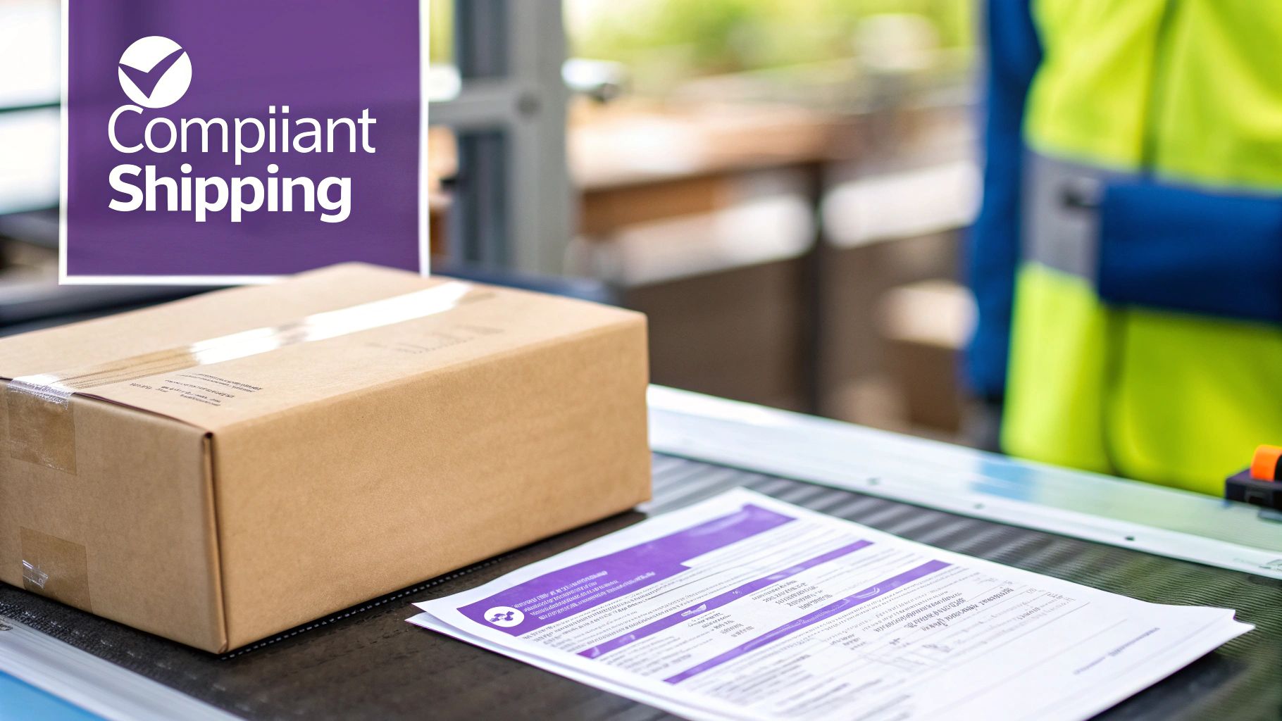 A person carefully placing a CBD oil bottle into a shipping box, with a checklist and packing materials nearby.