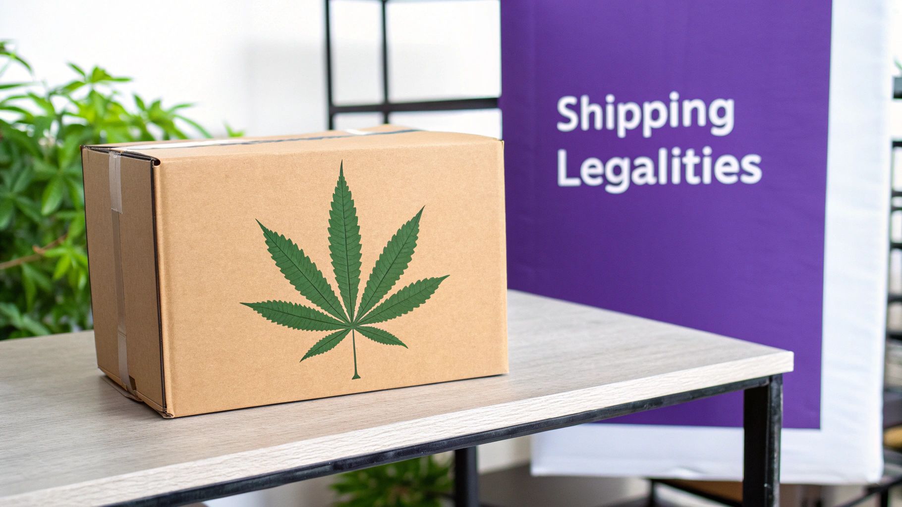 A person holding a small bottle of CBD oil with cannabis leaves in the background.