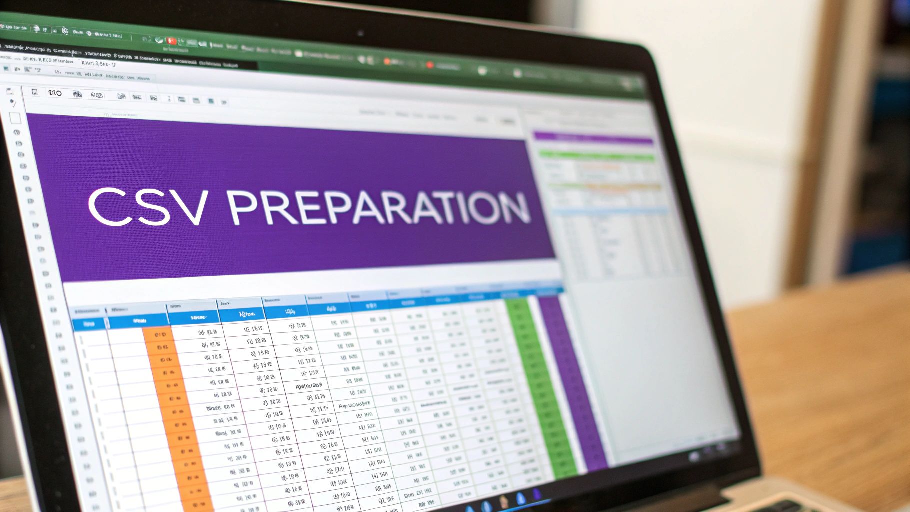 An organized spreadsheet on a computer screen representing a well-prepared CSV file.